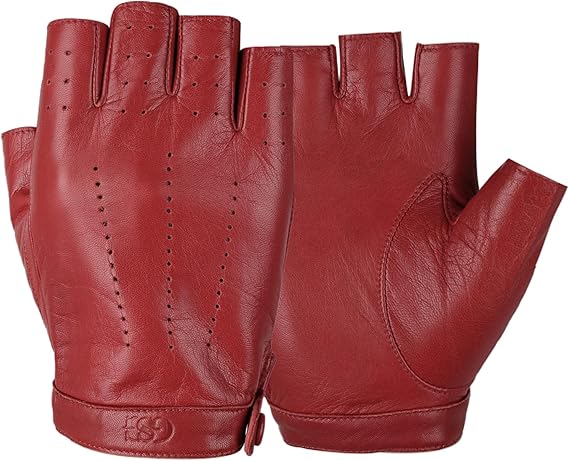 Pair of red fingerless leather driving gloves.