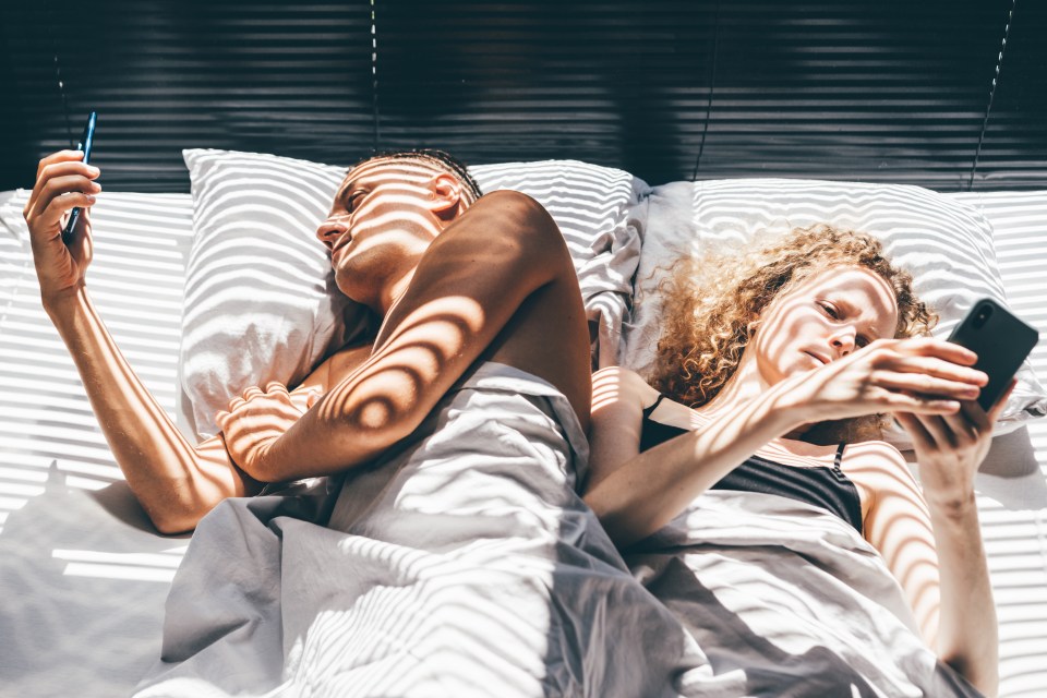 A couple lying in bed, facing away from each other and using their phones.